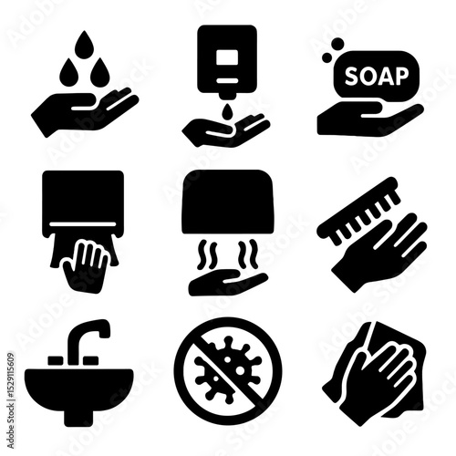 Hand Hygiene Icons. Solid, Filled icon set of hand hygiene practices: hand wash, hand sanitizer dispenser, soap bar, paper towel,