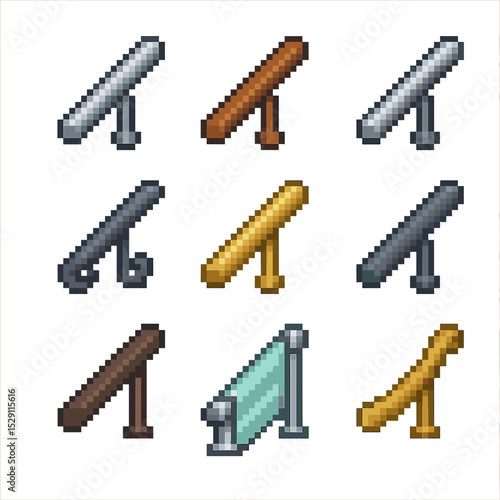 Handrail Icon Set. Pixel art icon set of handrail materials: stainless steel handrail, wood handrail, aluminum handrail, wrought