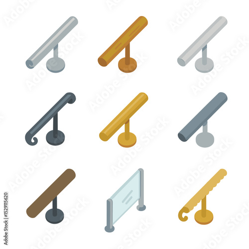 Handrail Material Icons. Flat icon set of handrail materials: stainless steel handrail, wood handrail, aluminum handrail, wrought