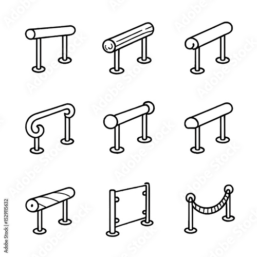 Handrail Icon Collection. Outline icon set of handrail materials: stainless steel handrail, wood handrail, aluminum handrail,