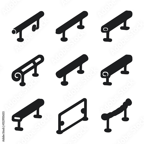 Handrail Icon Variety. Solid, Filled icon set of handrail materials: stainless steel handrail, wood handrail, aluminum handrail,