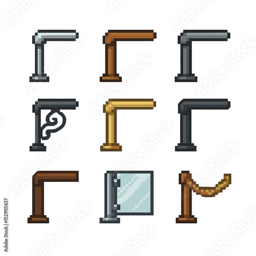 Handrail Icon Set. Pixel art icon set of handrail materials: stainless steel handrail, wood handrail, aluminum handrail, wrought
