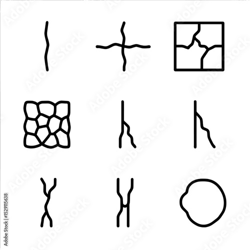 Pavement Crack Icons. Outline icon set of pavement and asphalt cracks: longitudinal split, transverse fissure, block cracking,