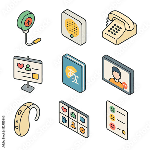 Patient Communication Icons. Isometric Flat icon set of patient communication tools: nurse call button, intercom speaker, bedside
