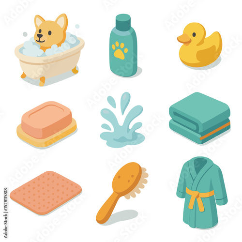 Pet Bath Time Icons. Isometric Flat icon set of family pet bath time fun: bathtub with pet, shampoo bottle, rubber duck, soap bar,
