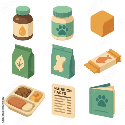 Pet Nutrition Icons. Isometric Flat icon set of healthy pet nutrition items: omega-3 supplement, probiotic jar, vitamin chew,
