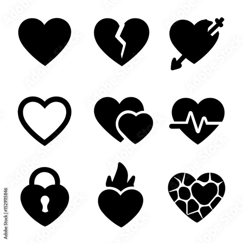 Heart Icon Set. Flat icon set of heart shapes: solid heart, broken heart, heart with arrow, heart outline, double heart, heartbeat