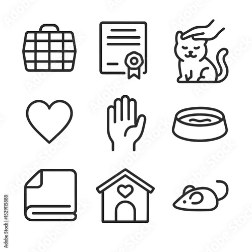 Pet Rescue Icon Set. Outline icon set of rescue pet comfort: cage, adoption certificate, pet being petted, blanket, heart,