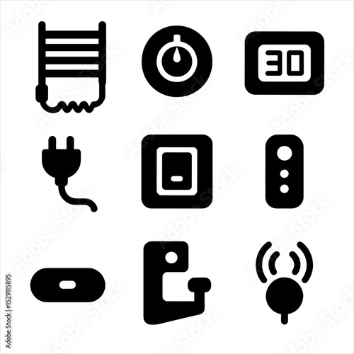 Heated Towel Bar Icons. Solid, Filled icon set of heated towel bar features: thermostat knob, heating element, timer display,