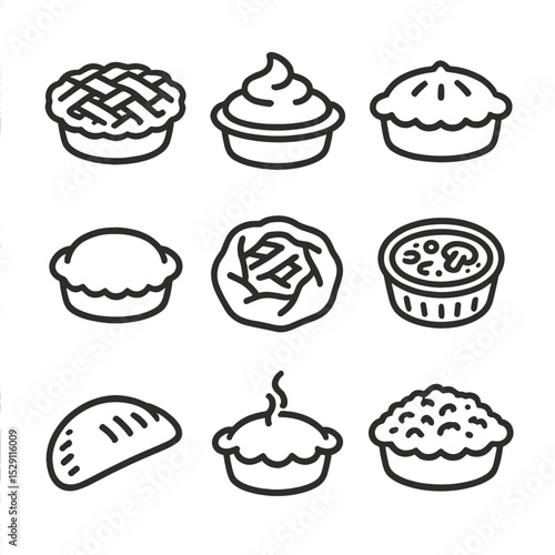 Pie Icon Assortment. Outline icon set of pie variety assortment: fruit pie, cream pie, savory pie, mini tart, galette, quiche,