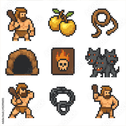 Heracles' Twelfth Labor Icons. Pixel art icon set of Heracles’ twelfth labor: hero figure, golden apples, capture rope, cave mouth