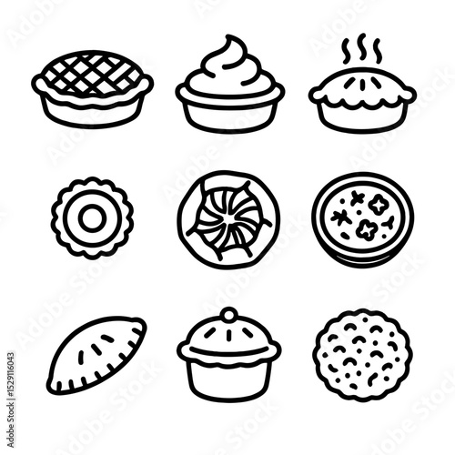 Pie Icon Assortment. Outline icon set of pie variety assortment: fruit pie, cream pie, savory pie, mini tart, galette, quiche,