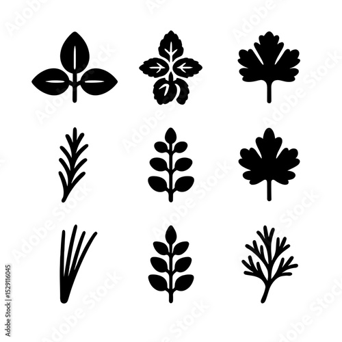 Herb Garden Icons. Solid, Filled icon set of indoor herb gardens: basil plant, mint sprig, parsley bunch, rosemary stem, thyme
