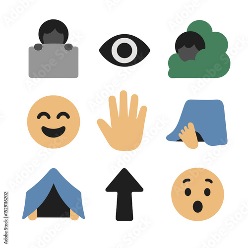 Hide-and-Seek Icons. Flat icon set of hide-and-seek: child silhouette behind blanket, peeking eye, hiding spot, counting hand,