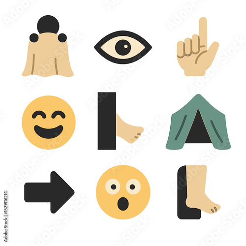 Hide-and-Seek Icons. Flat icon set of hide-and-seek: child silhouette behind blanket, peeking eye, hiding spot, counting hand,