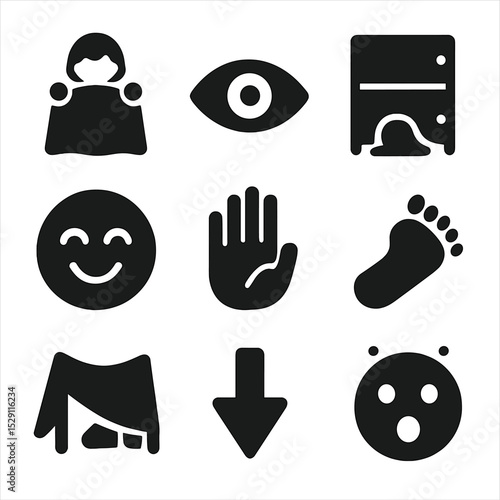 Hide-and-Seek Icons. Solid, Filled icon set of hide-and-seek: child silhouette behind blanket, peeking eye, hiding spot, counting