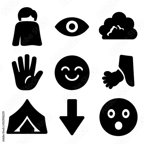 Hide-and-Seek Icons. Solid, Filled icon set of hide-and-seek: child silhouette behind blanket, peeking eye, hiding spot, counting
