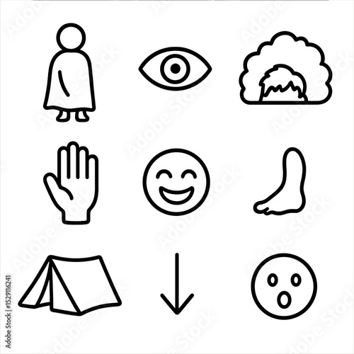 Hide-and-Seek Icons. Outline icon set of hide-and-seek: child silhouette behind blanket, peeking eye, hiding spot, counting hand,