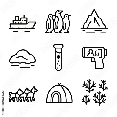 Polar Discovery Icons. Outline icon set of polar ice discovery: icebreaker ship, penguin colony, iceberg peak, snowdrift, ice core