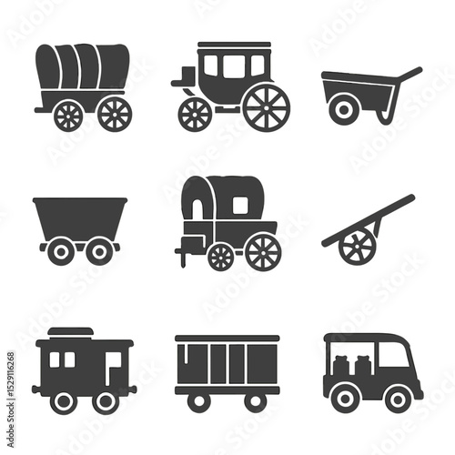 Historic Wagon Icons. Flat icon set of historic wagon types: covered wagon, stagecoach, farm wagon, mining cart, chuck wagon,