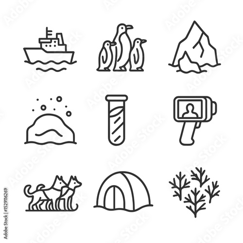 Polar Discovery Icons. Outline icon set of polar ice discovery: icebreaker ship, penguin colony, iceberg peak, snowdrift, ice core
