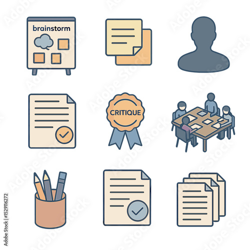 Poetry Workshop Icons. Isometric Flat icon set of poetry workshop scene: brainstorm board, sticky notes, peer review sheet,
