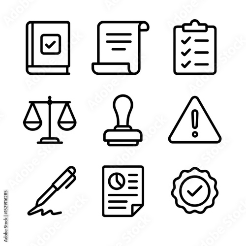 Policy Icons Set. Outline icon set of policy and compliance elements: code of conduct book, policy scroll, checklist clipboard,