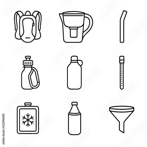 Hydration Accessories Icons. Outline icon set of hydration accessories: hydration backpack, filter pitcher, reusable straw, bottle