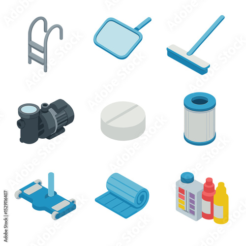 Pool Maintenance Icon Set. Isometric Flat icon set of pool maintenance tools: pool ladder, skimmer net, pool brush, water pump,