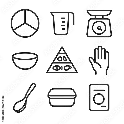 Portion Control Icons. Outline icon set of portion control tools: divided plate, measuring cup, kitchen scale, portion bowl, food