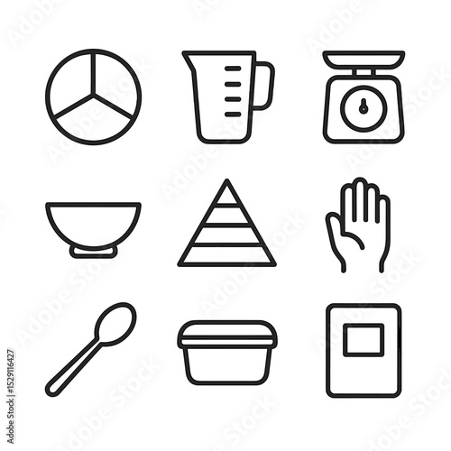 Portion Control Icons. Outline icon set of portion control tools: divided plate, measuring cup, kitchen scale, portion bowl, food