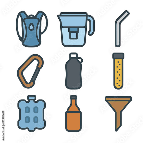 Hydration Gear Icons. Flat icon set of hydration accessories: hydration backpack, filter pitcher, reusable straw, bottle carabiner