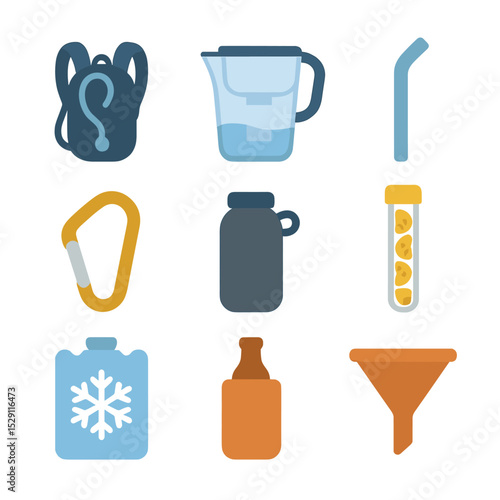 Hydration Gear Icons. Flat icon set of hydration accessories: hydration backpack, filter pitcher, reusable straw, bottle carabiner