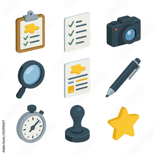 Post-Spill Icon Set. Isometric Flat icon set of post-spill evaluation items: clipboard, checklist, camera, magnifying glass,