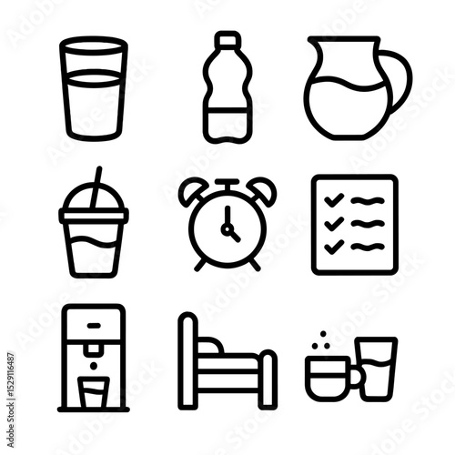 Hydration Icons Grid. Flat icon set of daily hydration routine: morning glass, afternoon bottle, evening jug, smoothie cup, herbal