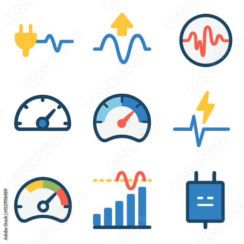 Power Quality Icons. Flat icon set of power quality monitoring: voltage sag icon, swell indicator, harmonic distortion wave,