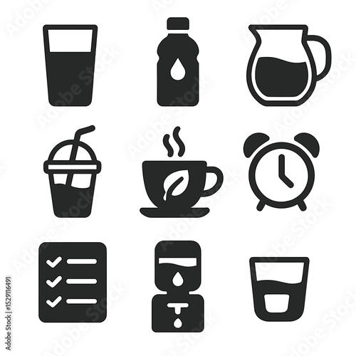 Hydration Icons Grid. Flat icon set of daily hydration routine: morning glass, afternoon bottle, evening jug, smoothie cup, herbal