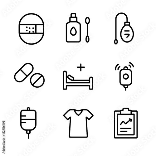 Post-Surgical Recovery Icons. Outline icon set of post-surgical recovery: surgical site bandage, antiseptic swab, drainage tube,