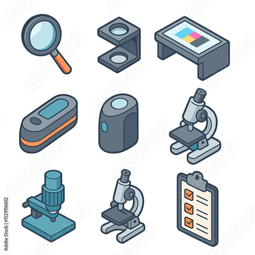 Print Inspection Tools Icons. Isometric Flat icon set of print inspection tools: magnifying glass, loupe, light table,