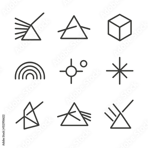 Prism Light Icon Set. Outline icon set of prism light effects: rainbow beam, light prism, prism cube, spectral arc, lens flare,