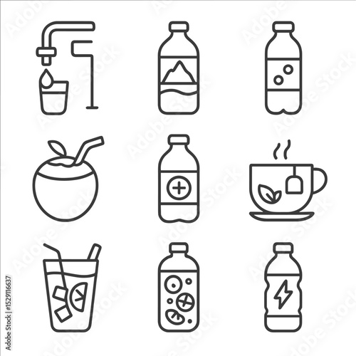 Hydration Icon Set. Outline icon set of hydration sources: tap water, spring water, mineral water, coconut water, electrolyte