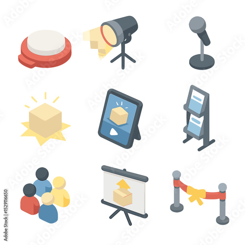 Product Launch Icons. Isometric Flat icon set of product launch showcase: stage podium, spotlight, microphone, product box, demo