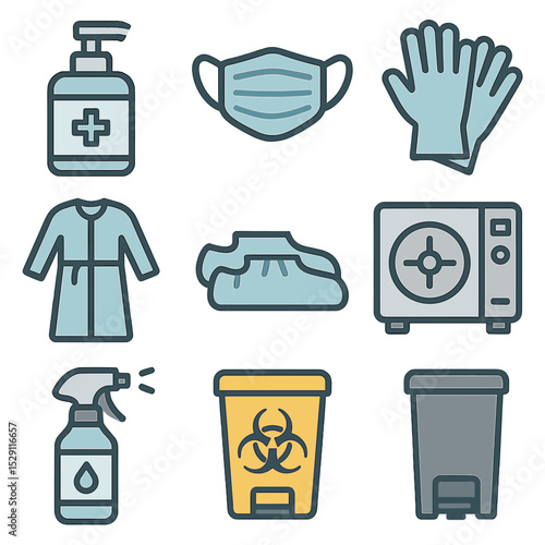Hygiene and Safety Icons. Flat icon set of hygiene and safety: hand sanitizer dispenser, surgical mask, sterile gloves, gown, shoe