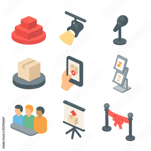 Product Launch Icons. Isometric Flat icon set of product launch showcase: stage podium, spotlight, microphone, product box, demo