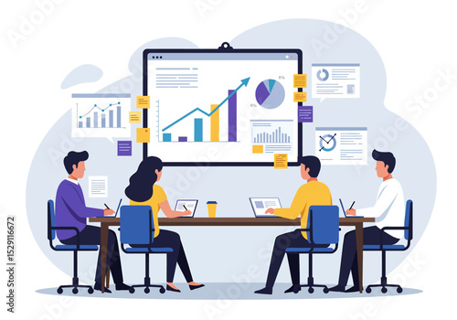 A professional vector illustration of a business meeting presentation, where a team collaborates and analyzes data on large screens, perfect for corporate and analytical themes