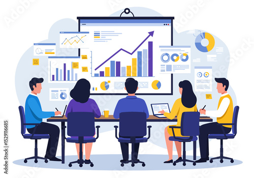 A professional vector illustration of a business meeting presentation, where a team collaborates and analyzes data on large screens, perfect for corporate and analytical themes