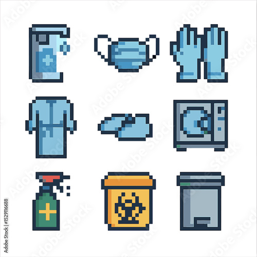 Hygiene and Safety Icons. Pixel art icon set of hygiene and safety: hand sanitizer dispenser, surgical mask, sterile gloves, gown,
