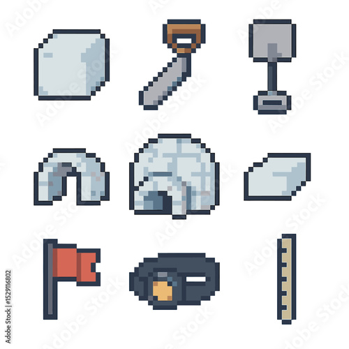 Igloo Building Tools Icons. Pixel art icon set of igloo building tools: block of snow, snow saw, shovel, igloo dome, doorway
