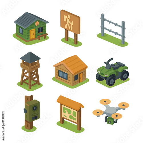 Protected Area Icon Set. Isometric Flat icon set of protected area management: park ranger station, trailhead sign, boundary fence