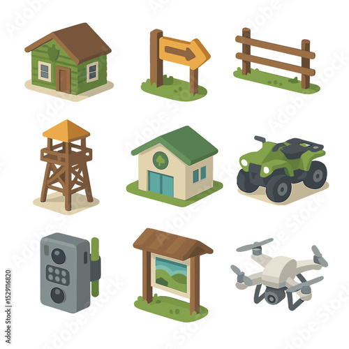 Protected Area Icon Set. Isometric Flat icon set of protected area management: park ranger station, trailhead sign, boundary fence